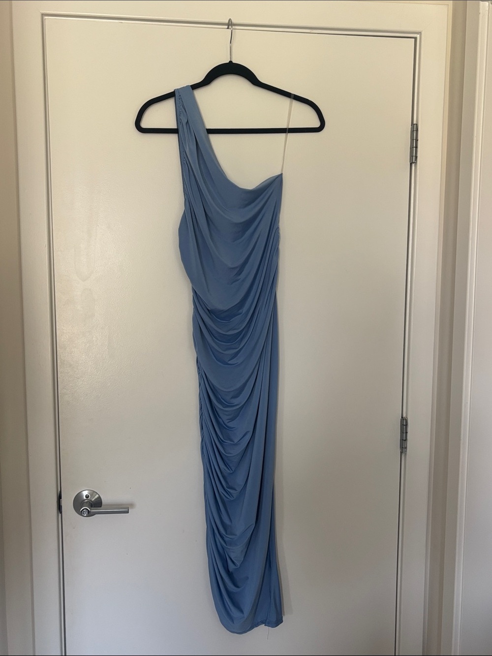 One-Shoulder Draped Blue Evening Dress